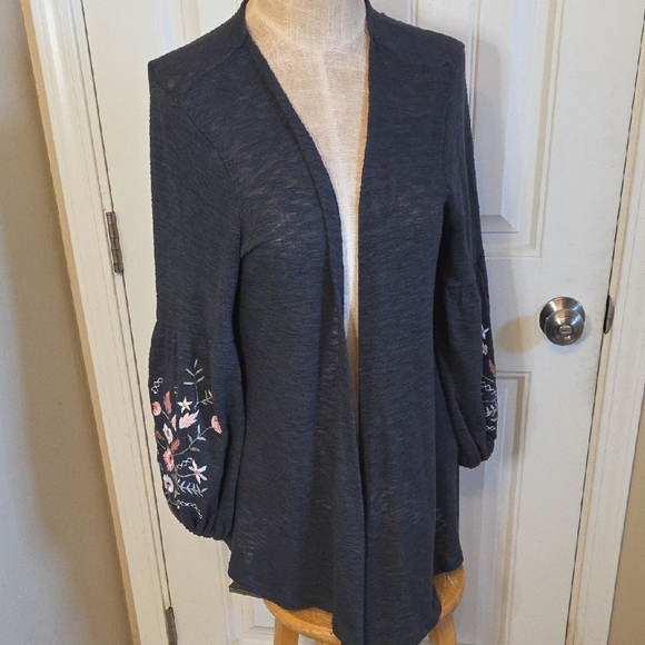 Maurices Sweaters - Embroidered Balloon Sleeve Open-front Gray Cardigan Sweater